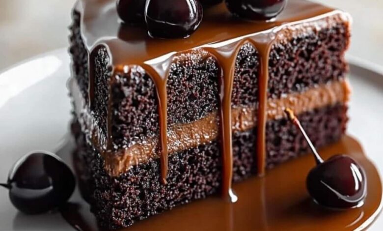 Indulgent Chocolate Cherry Layer Cake with Caramel Sauce