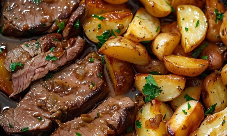 Perfectly Roasted Beef with Garlic Herb Potatoes: A Hearty and Delicious Meal