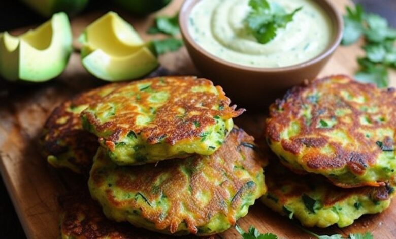 Golden Zucchini Fritters with Avocado Lime Dip – A Crispy, Flavorful Delight